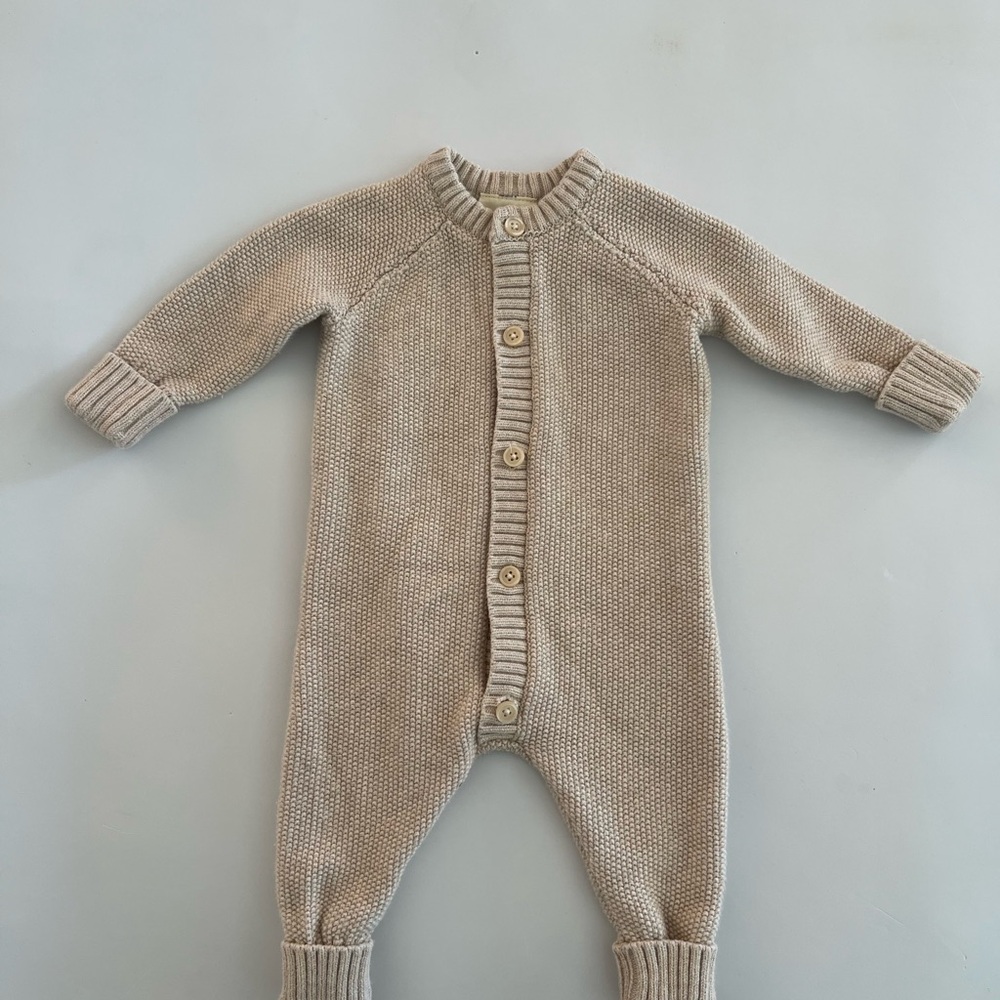 First Impressions Baby Knit Button-Up Romper – Neutral Beige 0-3M.